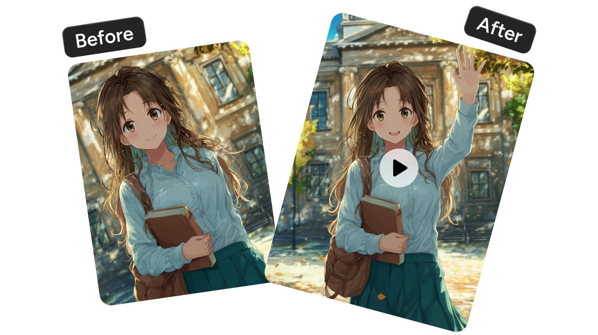 antes y después de subir la imagen de una chica de anime y convertirla en video